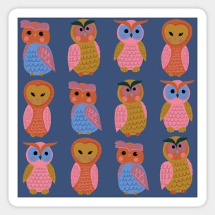 Cute-owls-pink-mauve-mustard-orange-blue-green Sticker